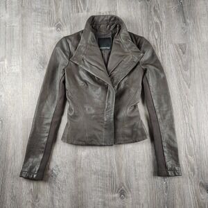 A Moveable Feast Lamb Leather Jacket XXS Brown Mixed Media Knit Sleeve Moto Zip
